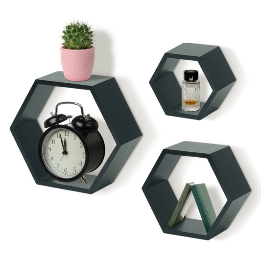 IvoQ Wandplanken Hexagon Set 3 stuks Zwart-IvoQ