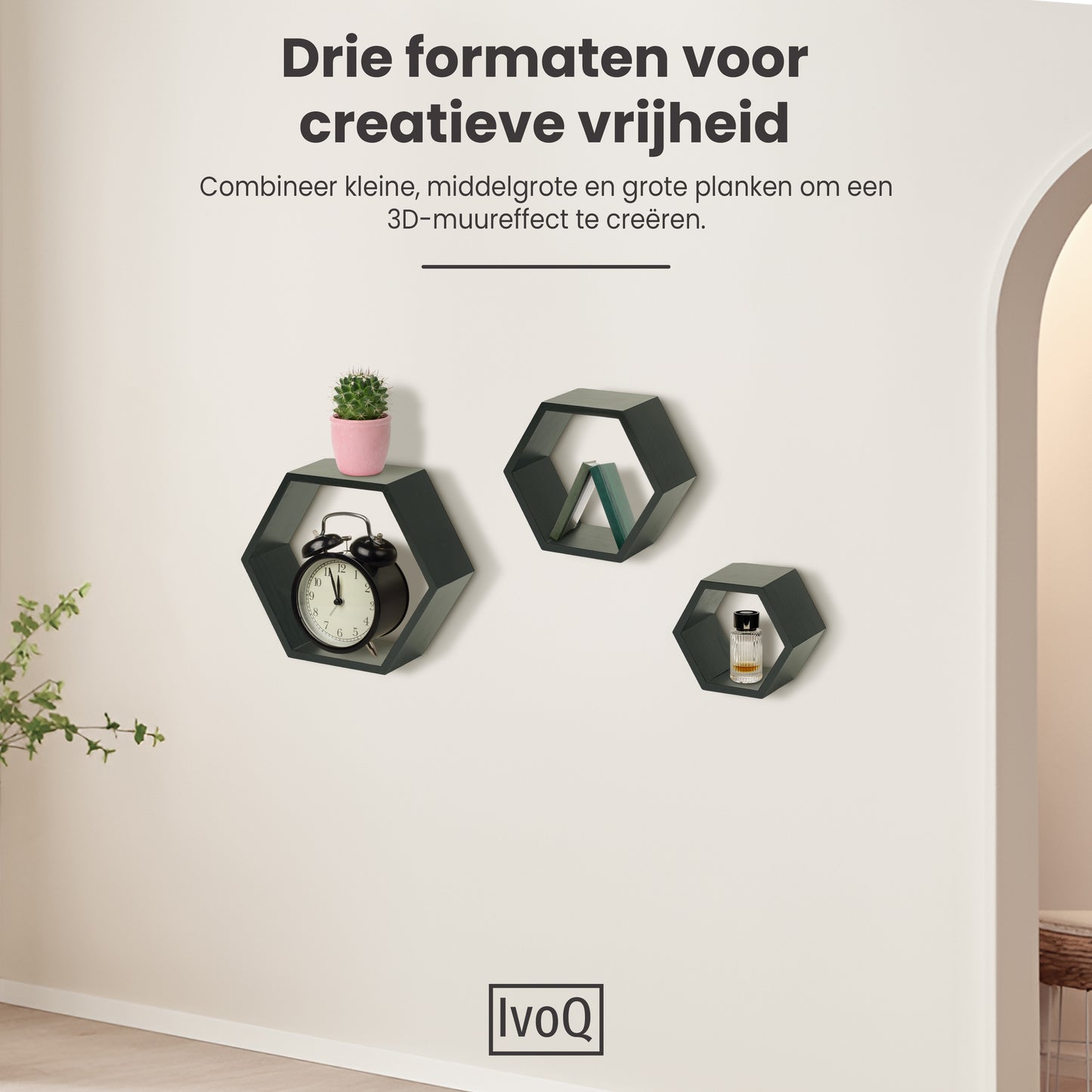 IvoQ Wandplanken Hexagon Set 3 stuks Zwart-IvoQ
