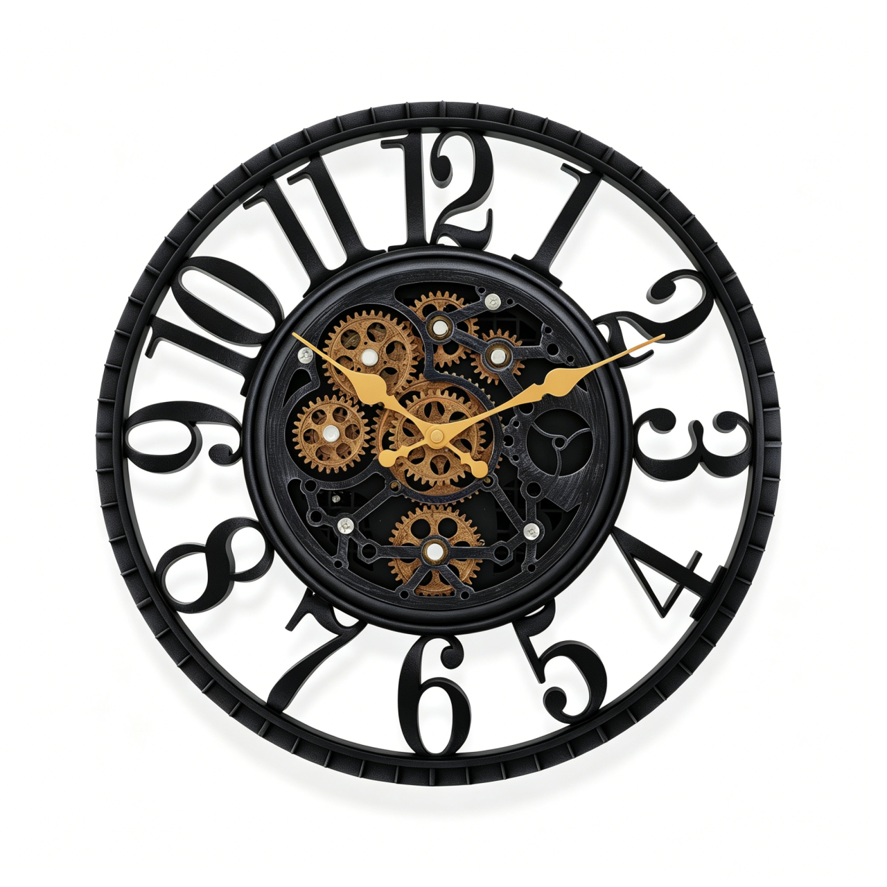 IvoQ Horloge mural industriel avec engrenages rotatifs - Noir & Or - Horloge murale robuste - 40 cm