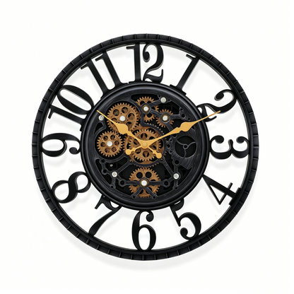 IvoQ Horloge mural industriel avec engrenages rotatifs - Noir & Or - Horloge murale robuste - 40 cm