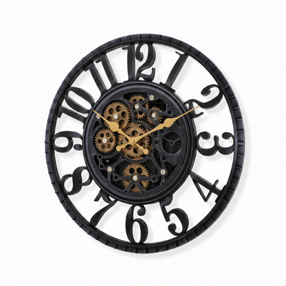 IvoQ Horloge mural industriel avec engrenages rotatifs - Noir & Or - Horloge murale robuste - 40 cm