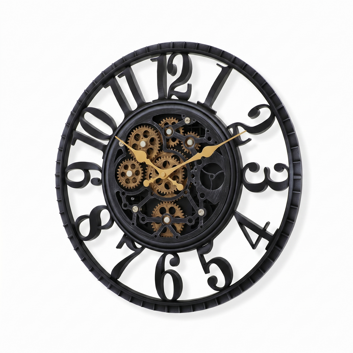 IvoQ Horloge mural industriel avec engrenages rotatifs - Noir & Or - Horloge murale robuste - 40 cm