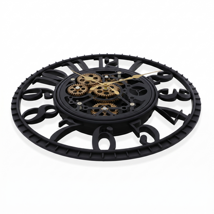IvoQ Horloge mural industriel avec engrenages rotatifs - Noir & Or - Horloge murale robuste - 40 cm
