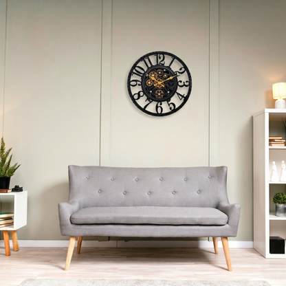 IvoQ Horloge mural industriel avec engrenages rotatifs - Noir & Or - Horloge murale robuste - 40 cm
