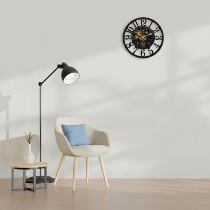 IvoQ Horloge mural industriel avec engrenages rotatifs - Noir & Or - Horloge murale robuste - 40 cm