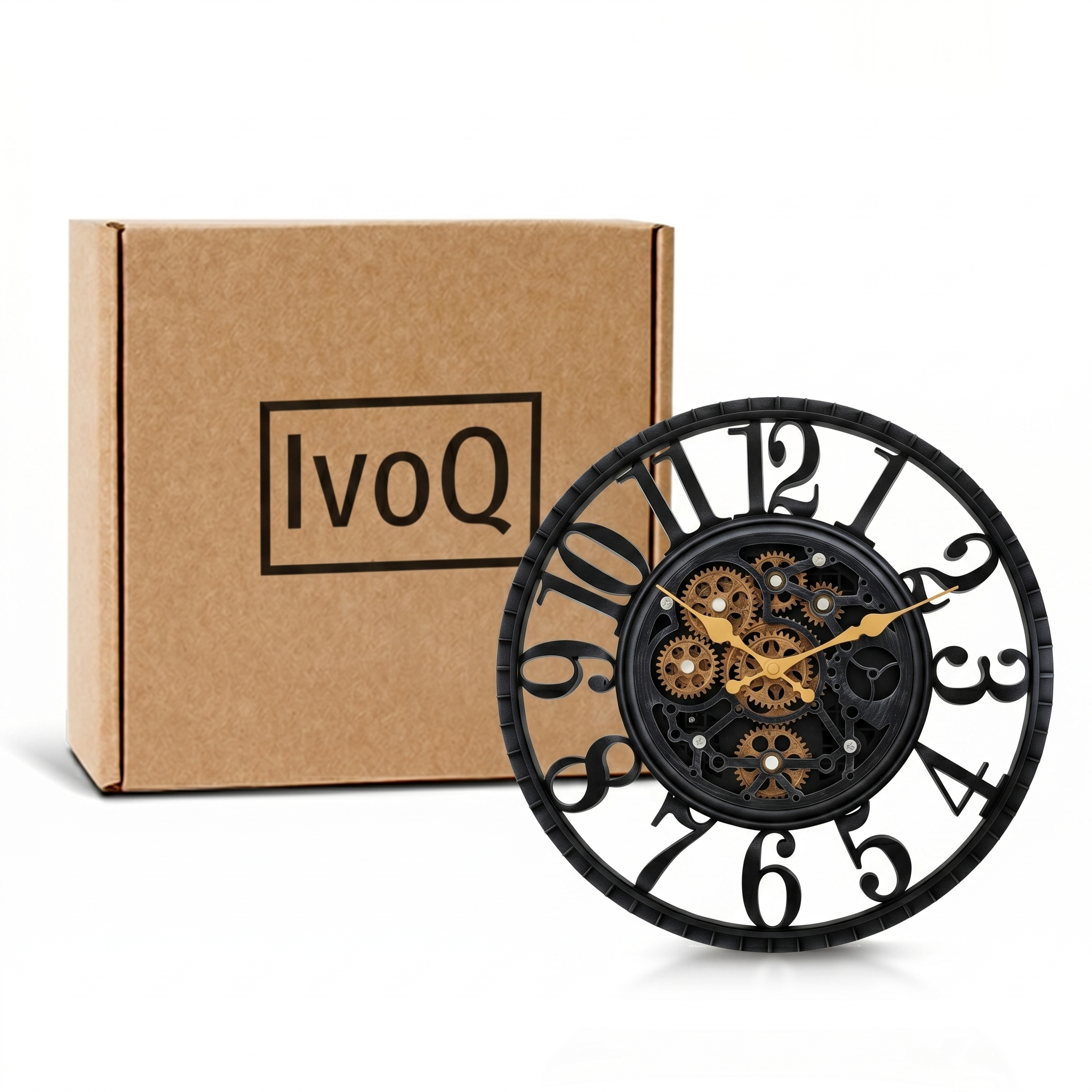 IvoQ Horloge mural industriel avec engrenages rotatifs - Noir & Or - Horloge murale robuste - 40 cm