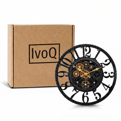 IvoQ Horloge mural industriel avec engrenages rotatifs - Noir & Or - Horloge murale robuste - 40 cm