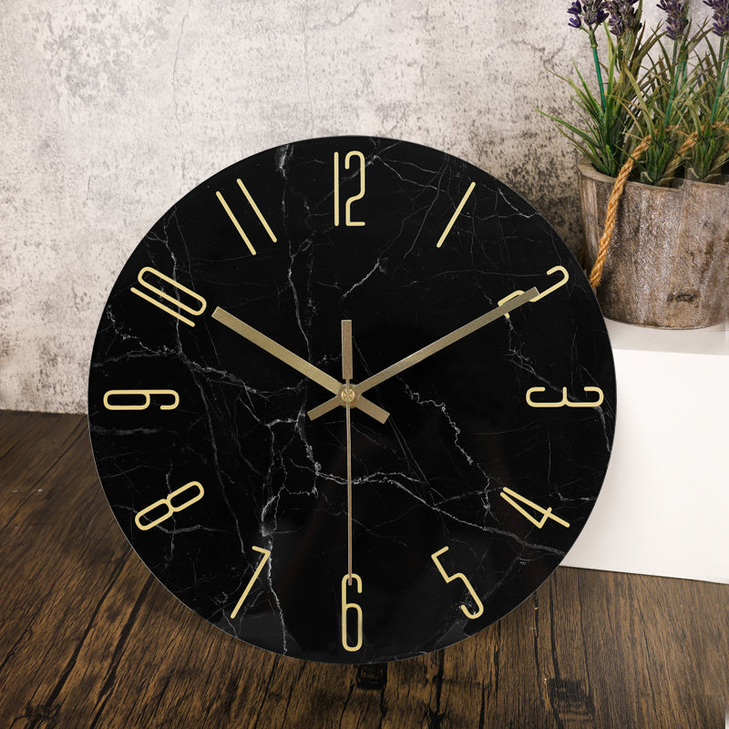 IvoQ Zwarte Marmerlook Wandklok met Gouden Details Glas Ø 30 cm-IvoQ