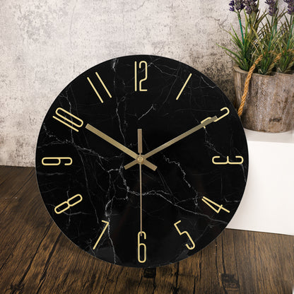 IvoQ Zwarte Marmerlook Wandklok met Gouden Details Glas Ø 30 cm-IvoQ