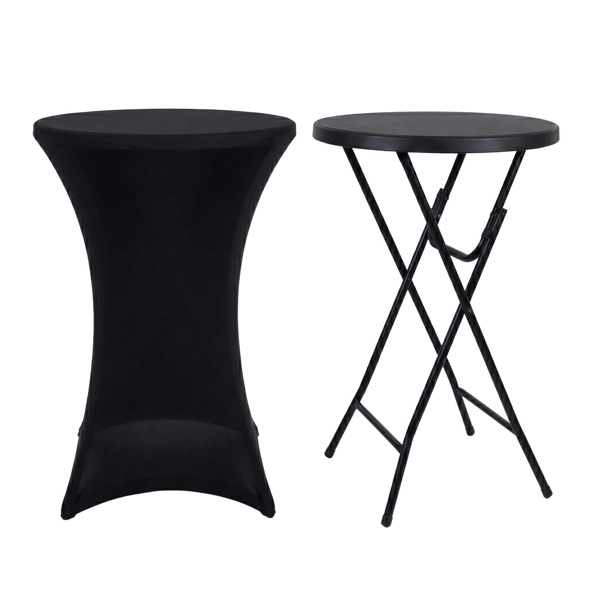 IvoQ Table haute noire – Housse extensible noire incluse – Ø80 cm x 110 cm – Pliable – Table de réception pour fête, jardin et événement