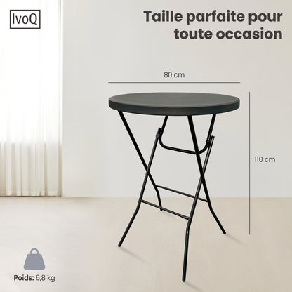 IvoQ Table haute noire – Housse extensible noire incluse – Ø80 cm x 110 cm – Pliable – Table de réception pour fête, jardin et événement