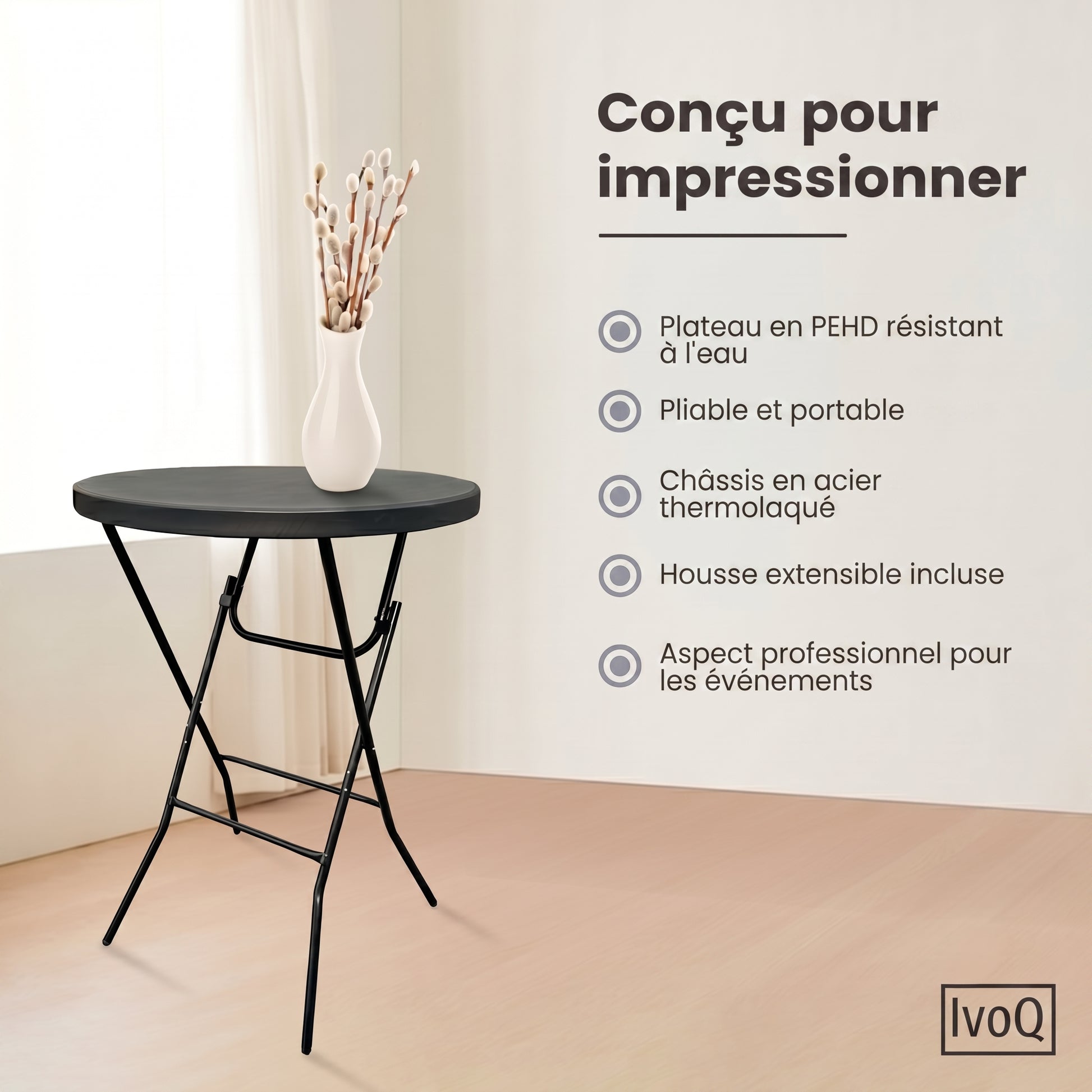 IvoQ Table haute noire – Housse extensible noire incluse – Ø80 cm x 110 cm – Pliable – Table de réception pour fête, jardin et événement