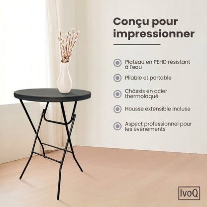 IvoQ Table haute noire – Housse extensible noire incluse – Ø80 cm x 110 cm – Pliable – Table de réception pour fête, jardin et événement