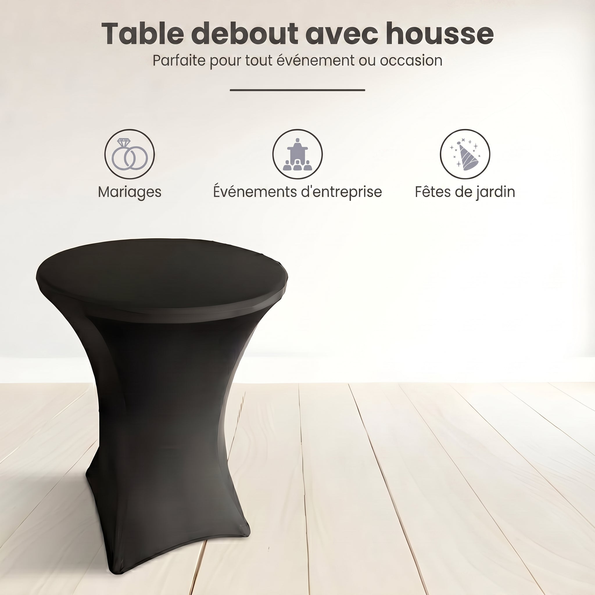 IvoQ Table haute noire – Housse extensible noire incluse – Ø80 cm x 110 cm – Pliable – Table de réception pour fête, jardin et événement