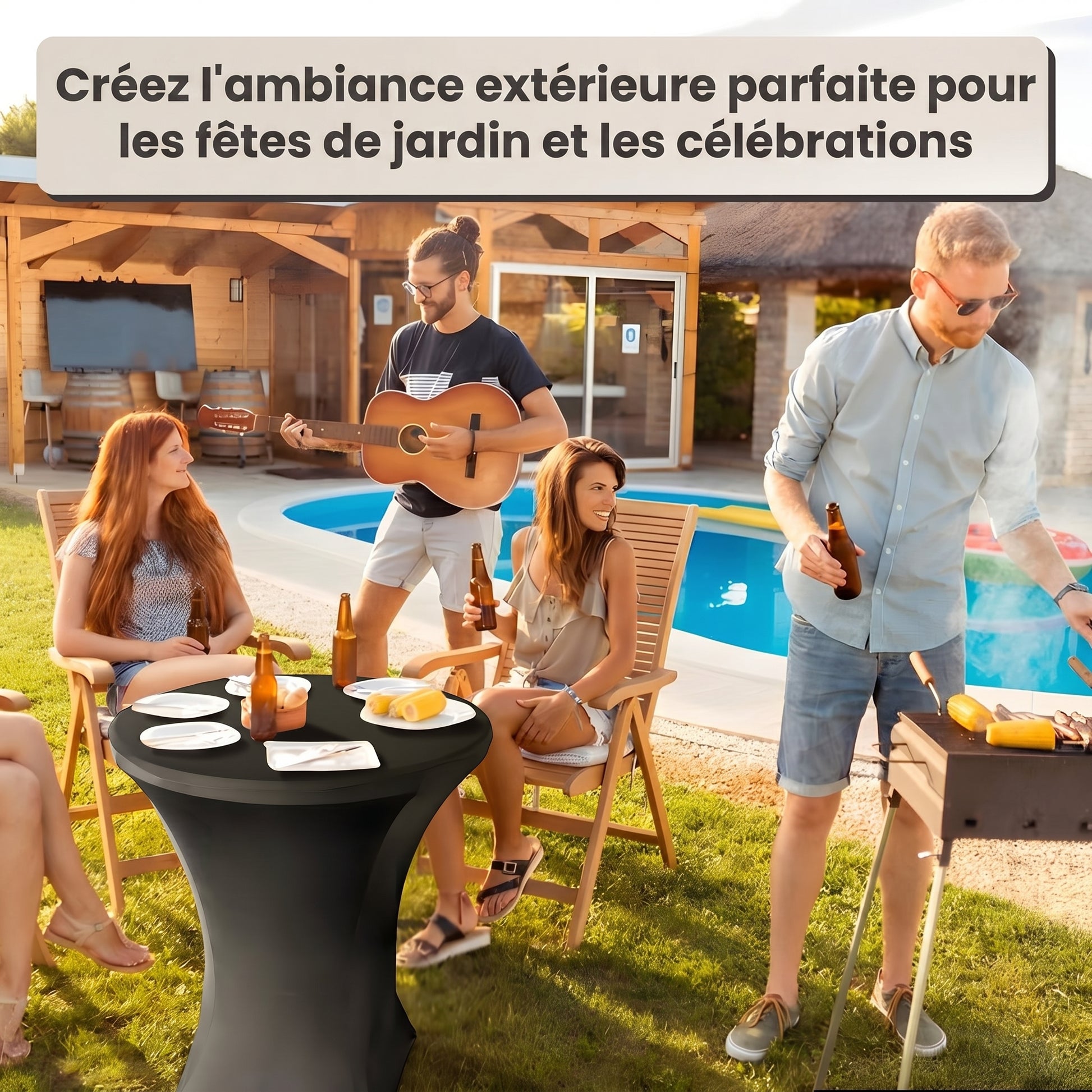 IvoQ Table haute noire – Housse extensible noire incluse – Ø80 cm x 110 cm – Pliable – Table de réception pour fête, jardin et événement