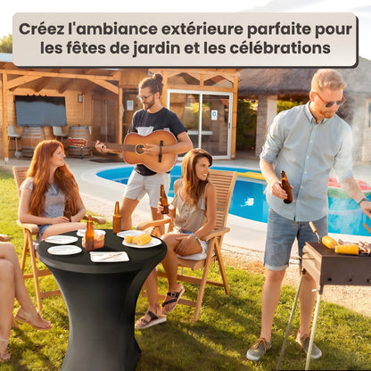 IvoQ Table haute noire – Housse extensible noire incluse – Ø80 cm x 110 cm – Pliable – Table de réception pour fête, jardin et événement