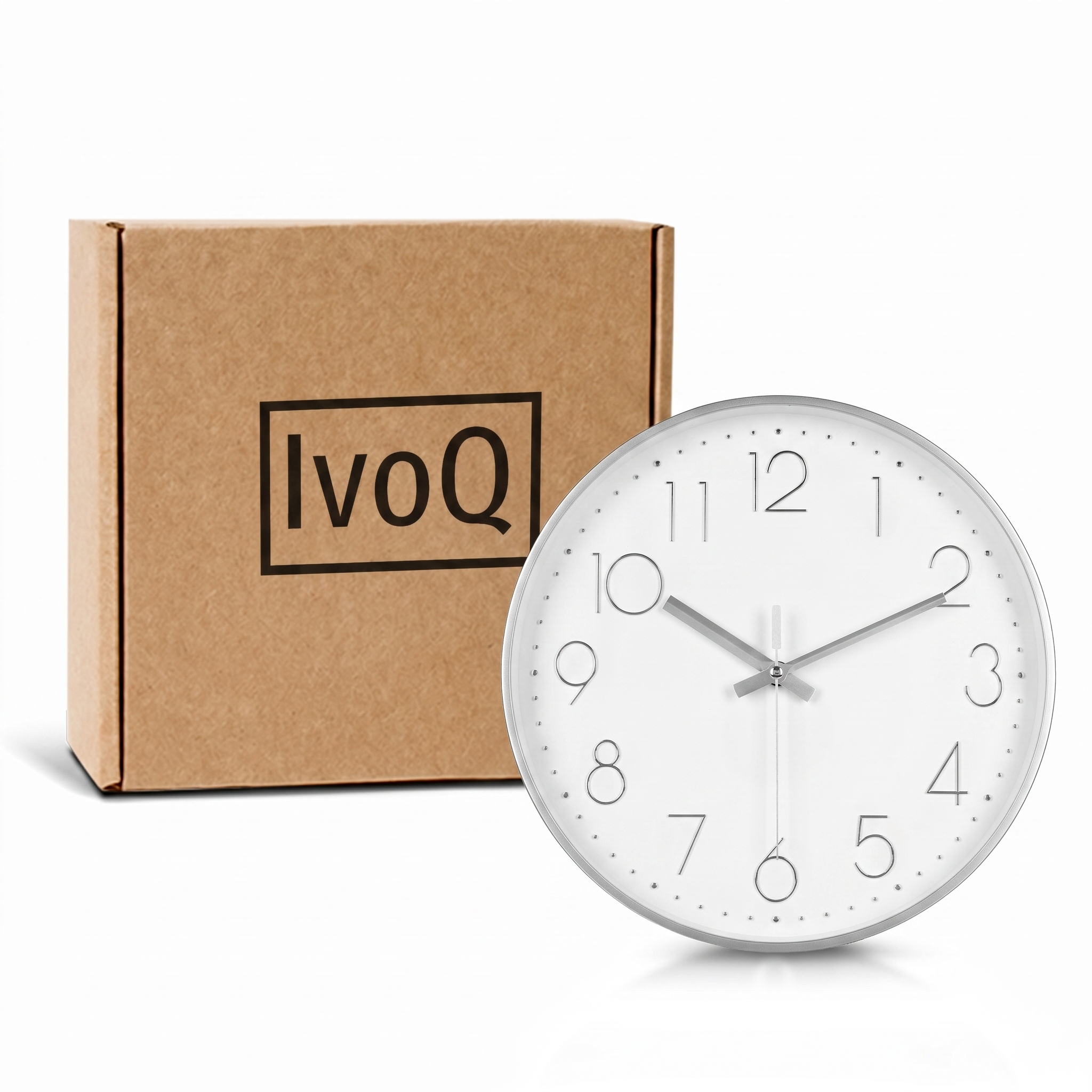 IvoQ Horloge mural moderne 30 cm - Horloge murale 3D avec mouvement silencieux - Analogique - Argent/Blanc