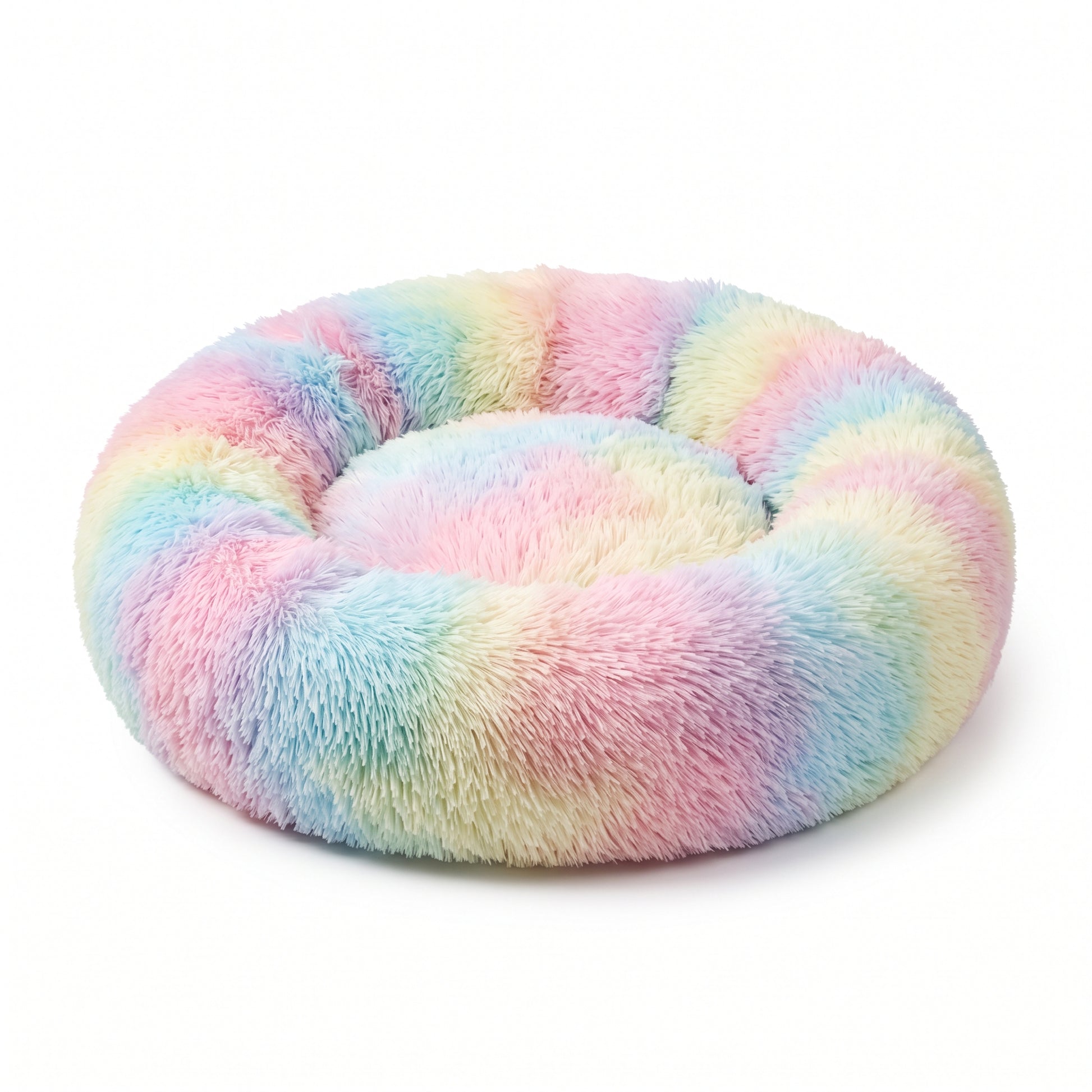 IvoQ Panier donut pour chat – Ø 40 cm – Lit doux en peluche pour chats et petits chiens – Arc-en-ciel
