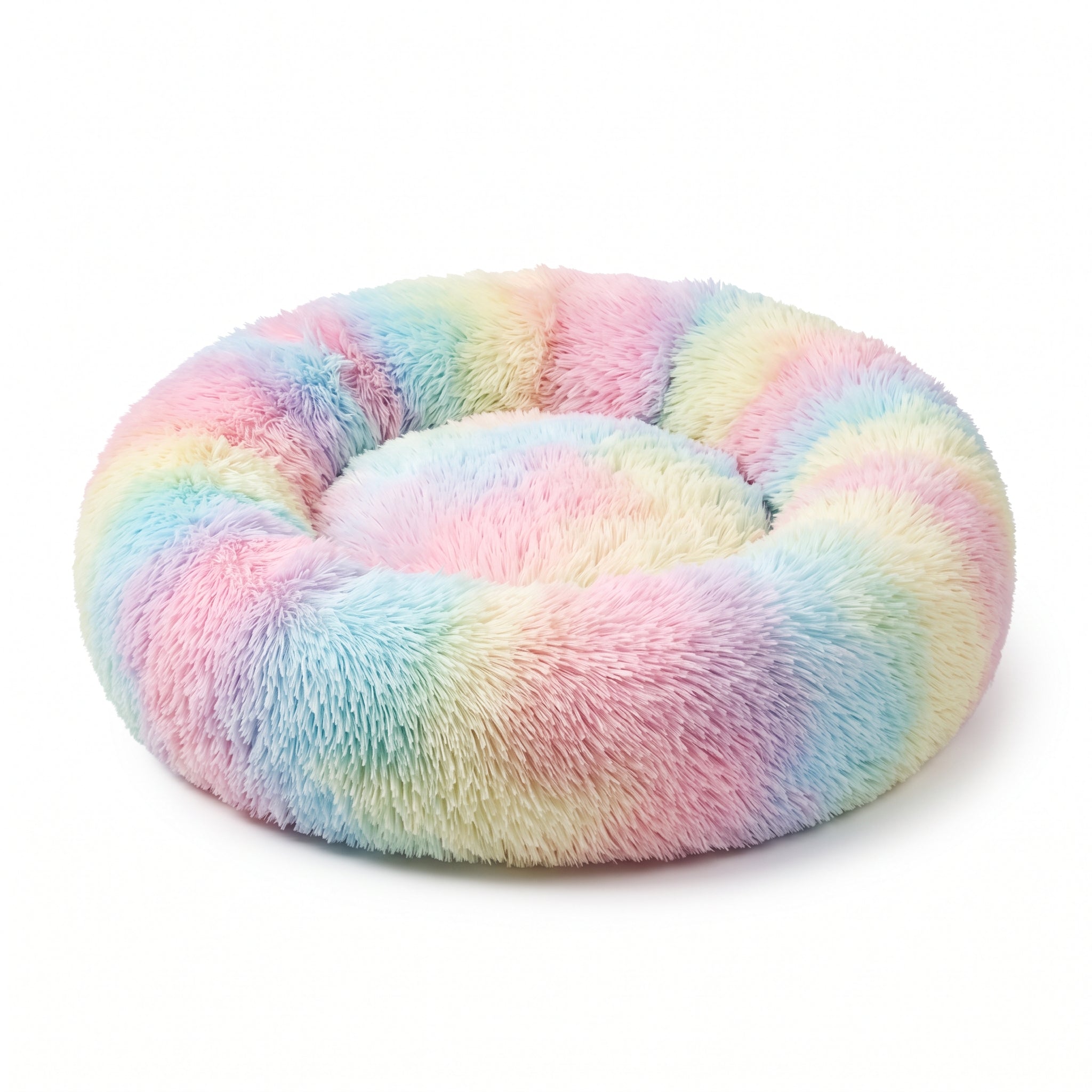 IvoQ Panier donut pour chat – Ø 40 cm – Lit doux en peluche pour chats et petits chiens – Arc-en-ciel