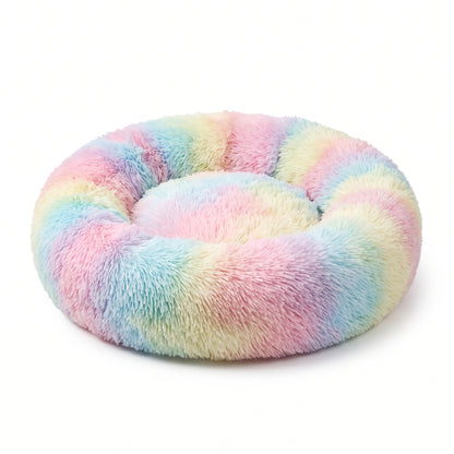 IvoQ Panier donut pour chat – Ø 40 cm – Lit doux en peluche pour chats et petits chiens – Arc-en-ciel