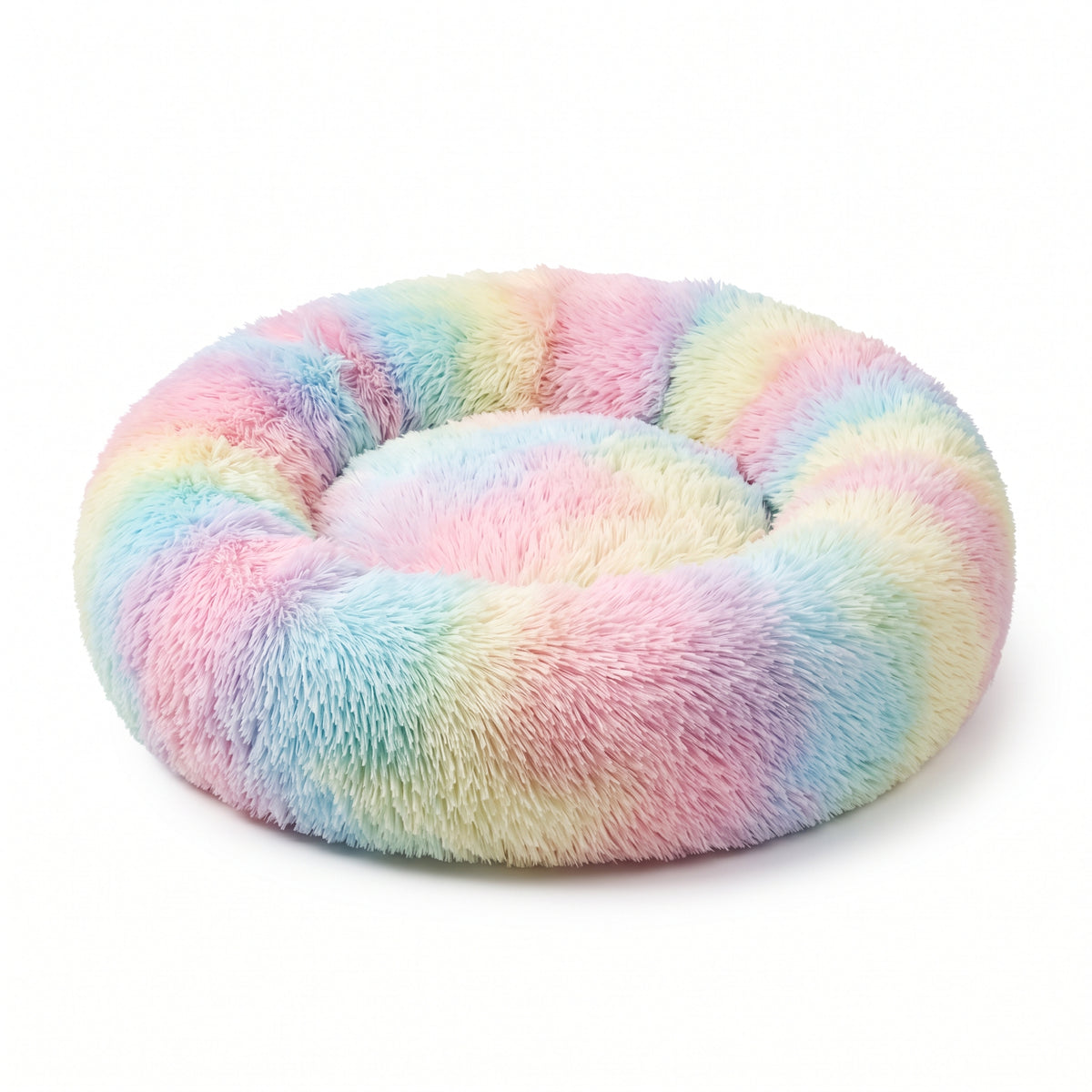 IvoQ Panier donut pour chat – Ø 40 cm – Lit doux en peluche pour chats et petits chiens – Arc-en-ciel