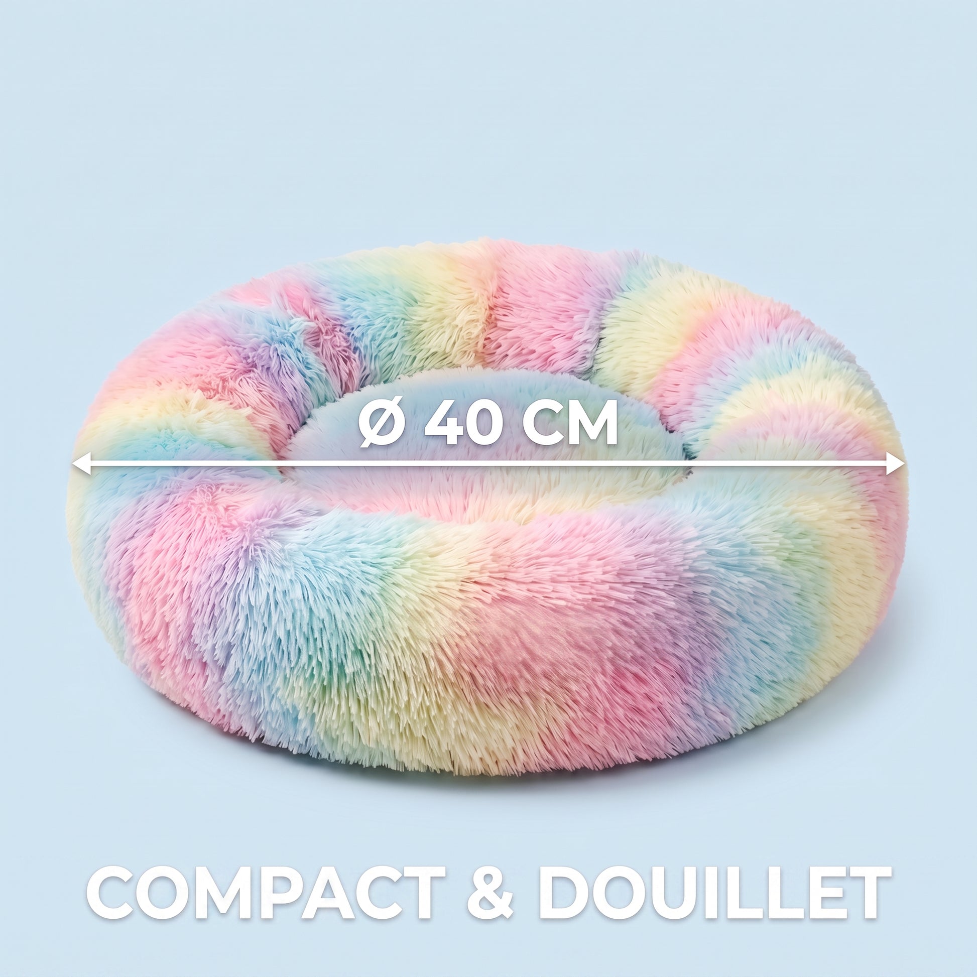 IvoQ Panier donut pour chat – Ø 40 cm – Lit doux en peluche pour chats et petits chiens – Arc-en-ciel