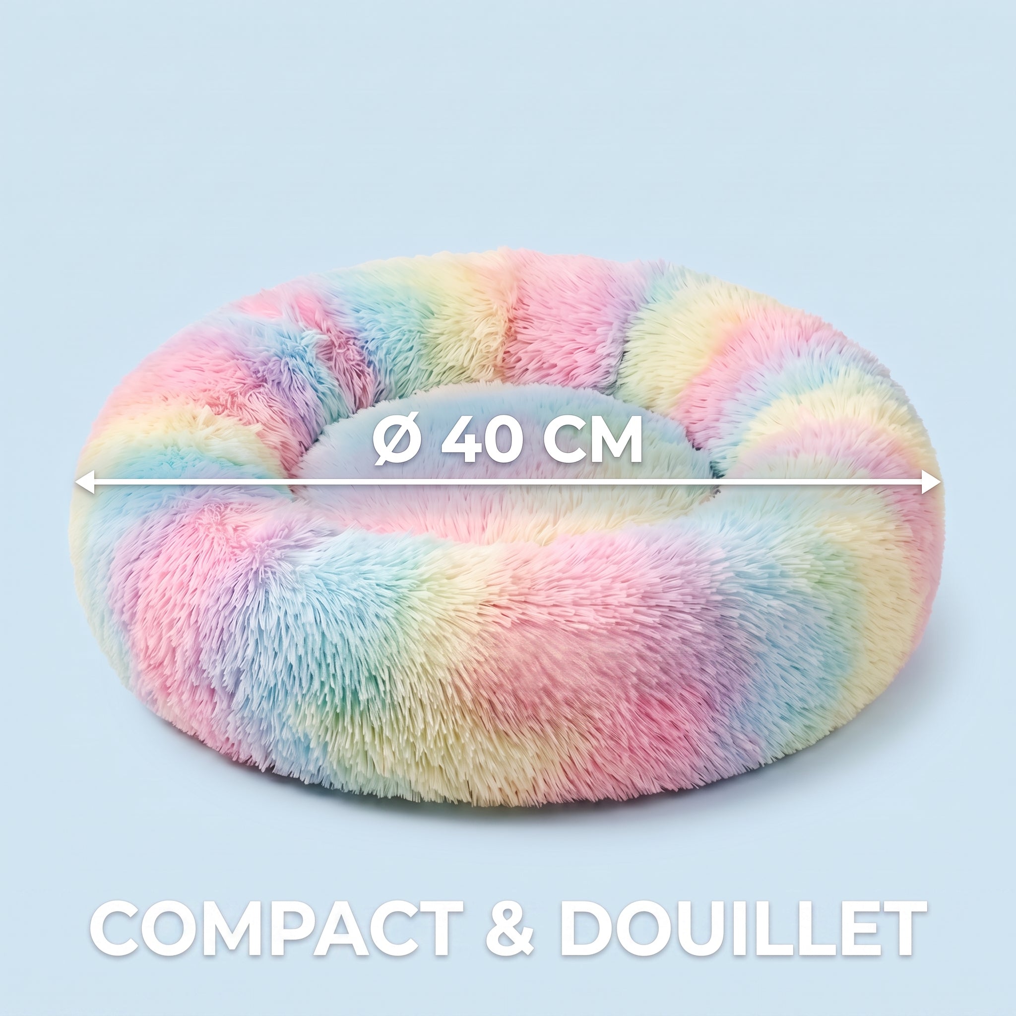 IvoQ Panier donut pour chat – Ø 40 cm – Lit doux en peluche pour chats et petits chiens – Arc-en-ciel