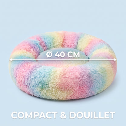IvoQ Panier donut pour chat – Ø 40 cm – Lit doux en peluche pour chats et petits chiens – Arc-en-ciel