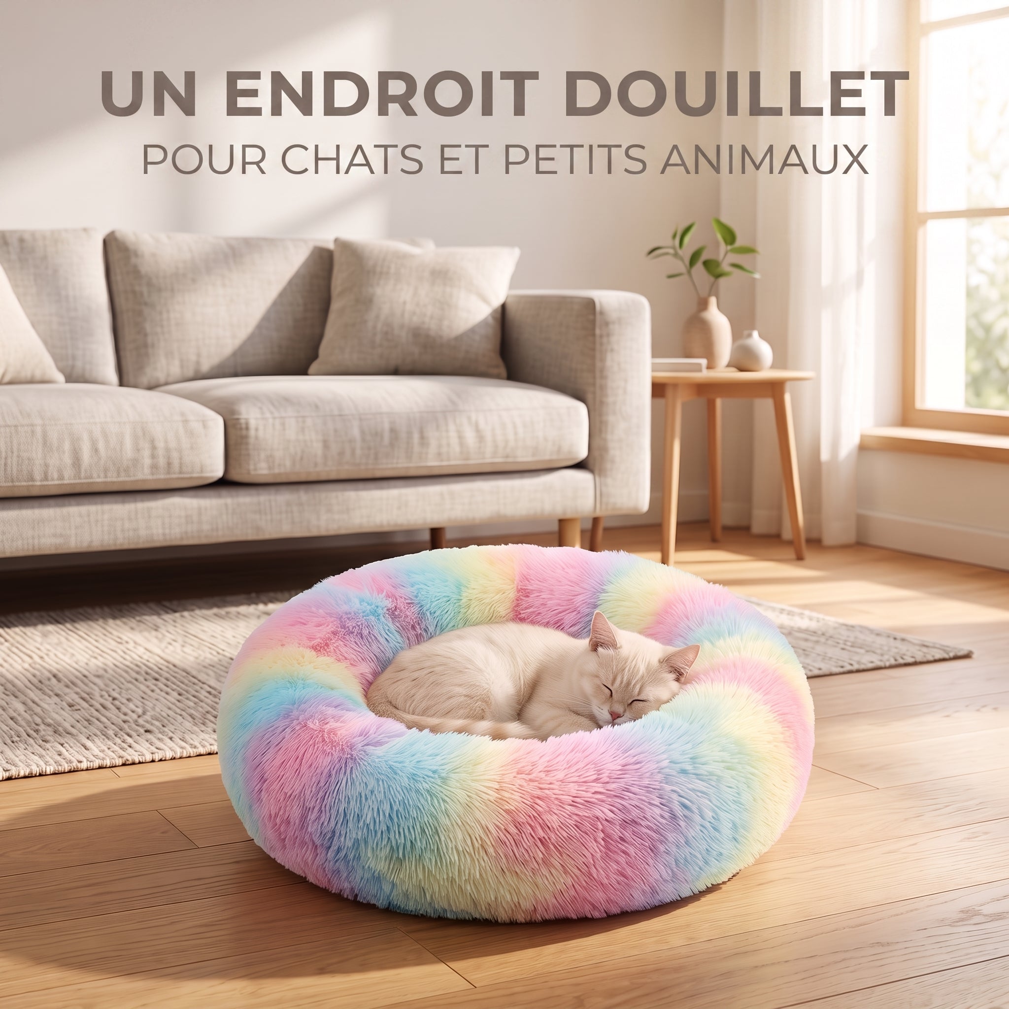 IvoQ Panier donut pour chat – Ø 40 cm – Lit doux en peluche pour chats et petits chiens – Arc-en-ciel