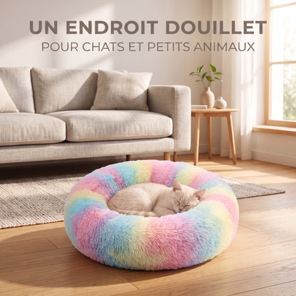 IvoQ Panier donut pour chat – Ø 40 cm – Lit doux en peluche pour chats et petits chiens – Arc-en-ciel