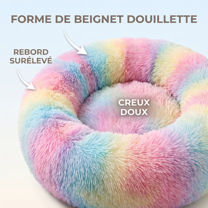 IvoQ Panier donut pour chat – Ø 40 cm – Lit doux en peluche pour chats et petits chiens – Arc-en-ciel