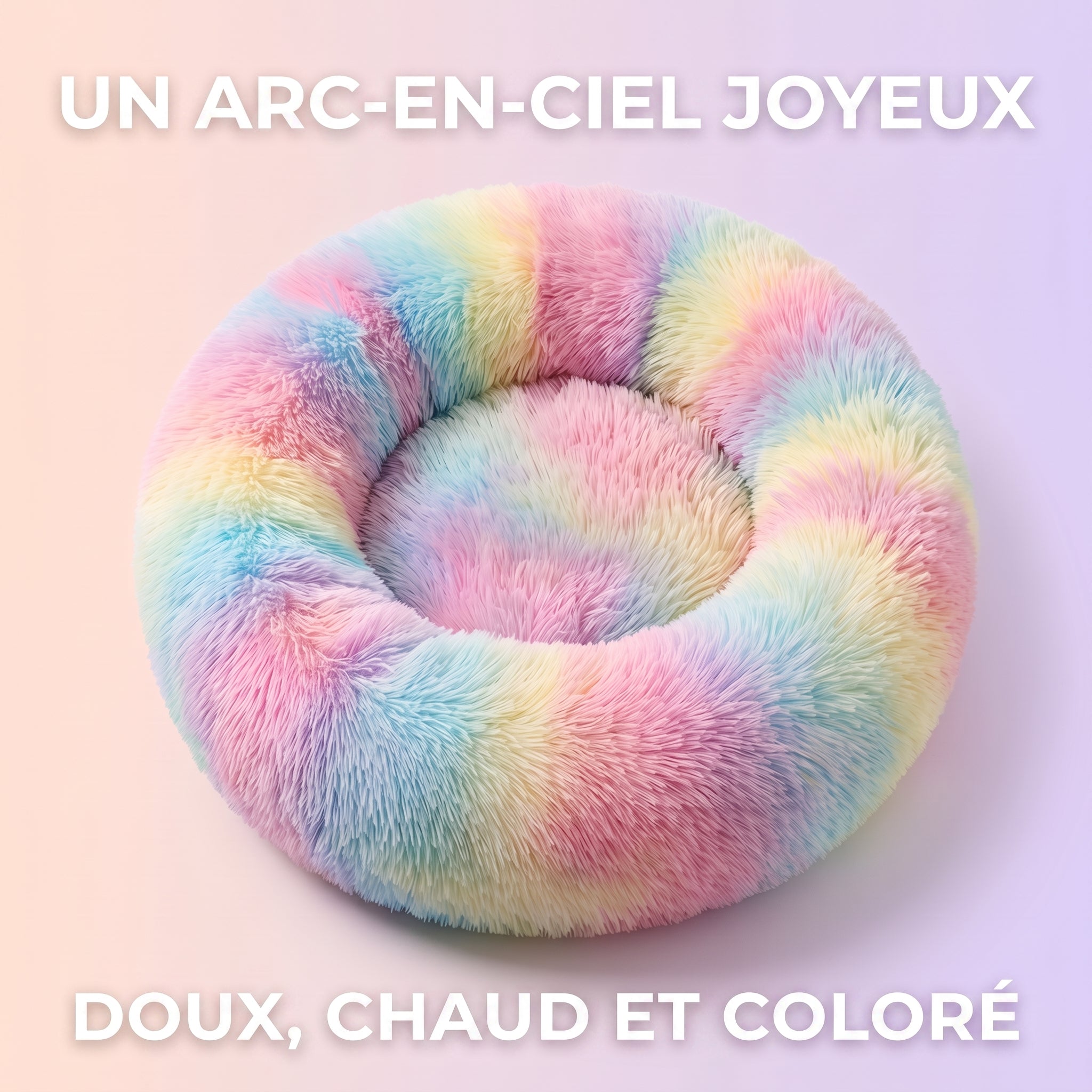 IvoQ Panier donut pour chat – Ø 40 cm – Lit doux en peluche pour chats et petits chiens – Arc-en-ciel