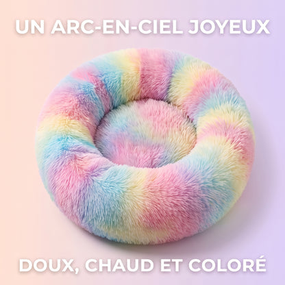 IvoQ Panier donut pour chat – Ø 40 cm – Lit doux en peluche pour chats et petits chiens – Arc-en-ciel