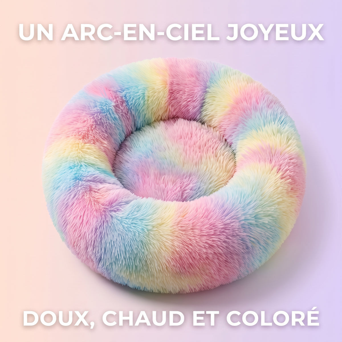IvoQ Panier donut pour chat – Ø 40 cm – Lit doux en peluche pour chats et petits chiens – Arc-en-ciel