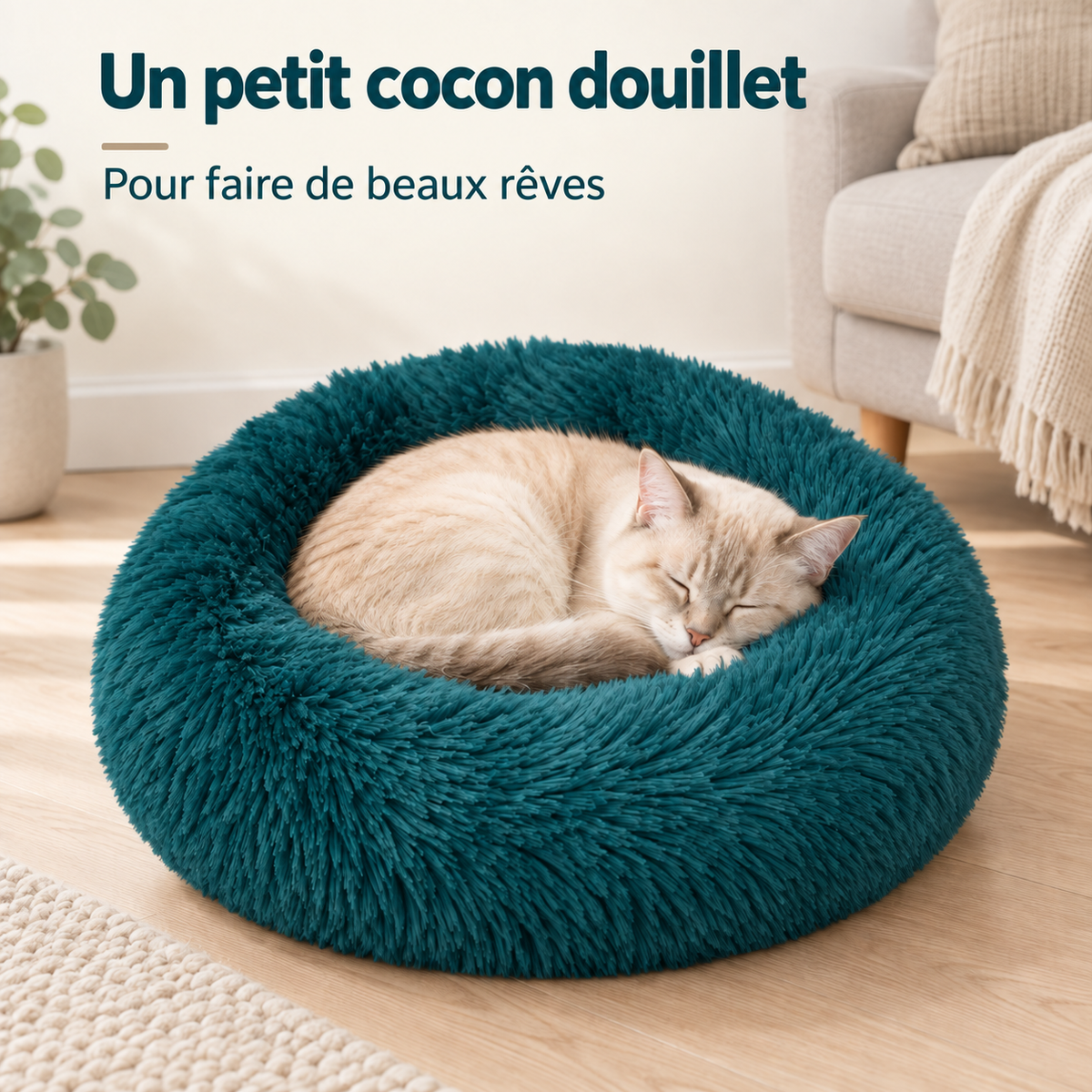 Panier pour chien donut - Panier pour chat - Peluche douce - Bord surélevé - Ø 50 cm - Bleu pétrole