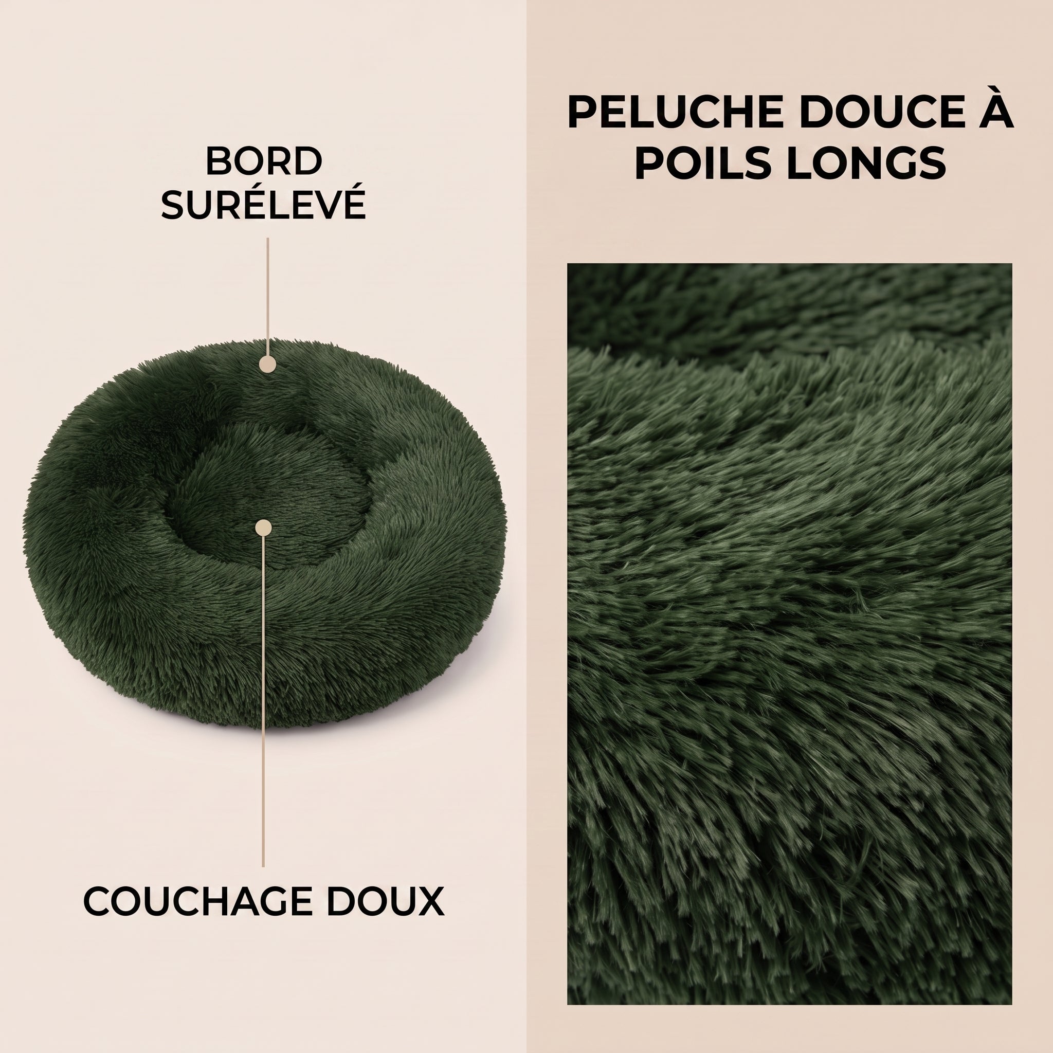 IvoQ Panier donut pour chien et chat – Ø 50 cm – Lit doux en peluche pour animaux – Vert foncé – Pour chats et petits chiens