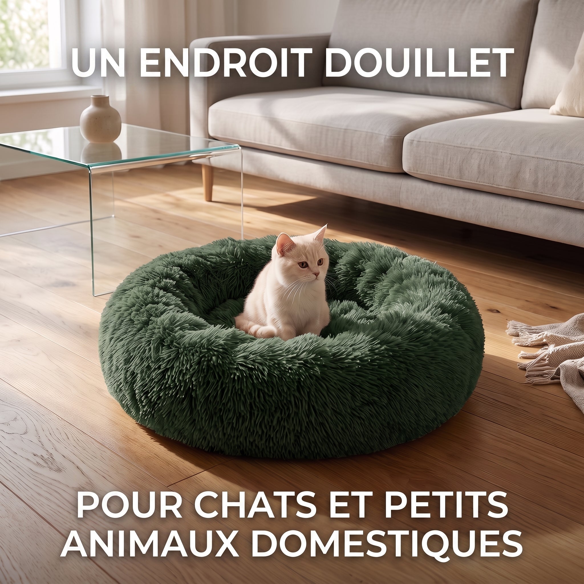 IvoQ Panier donut pour chien et chat – Ø 50 cm – Lit doux en peluche pour animaux – Vert foncé – Pour chats et petits chiens