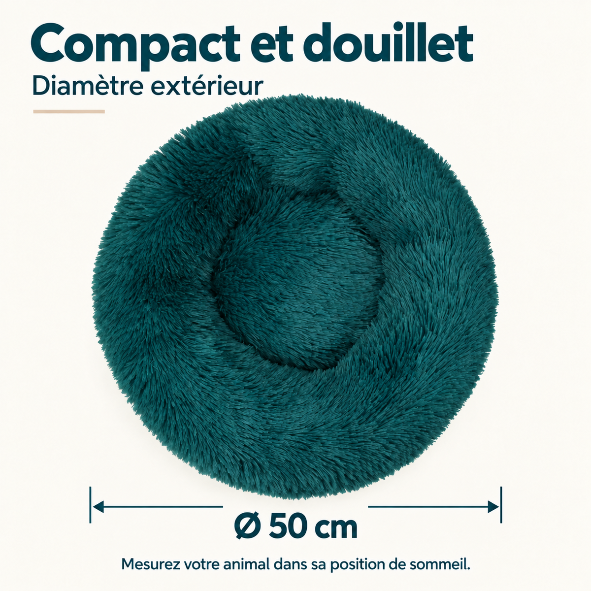 Panier pour chien donut - Panier pour chat - Peluche douce - Bord surélevé - Ø 50 cm - Bleu pétrole