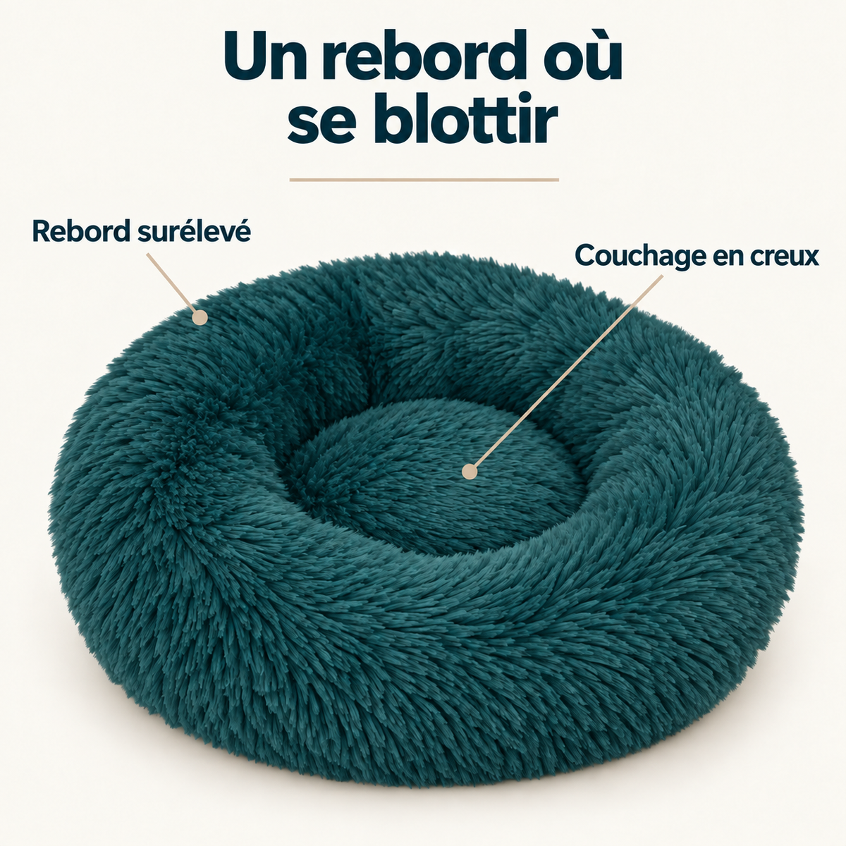 Panier pour chien donut - Panier pour chat - Peluche douce - Bord surélevé - Ø 50 cm - Bleu pétrole