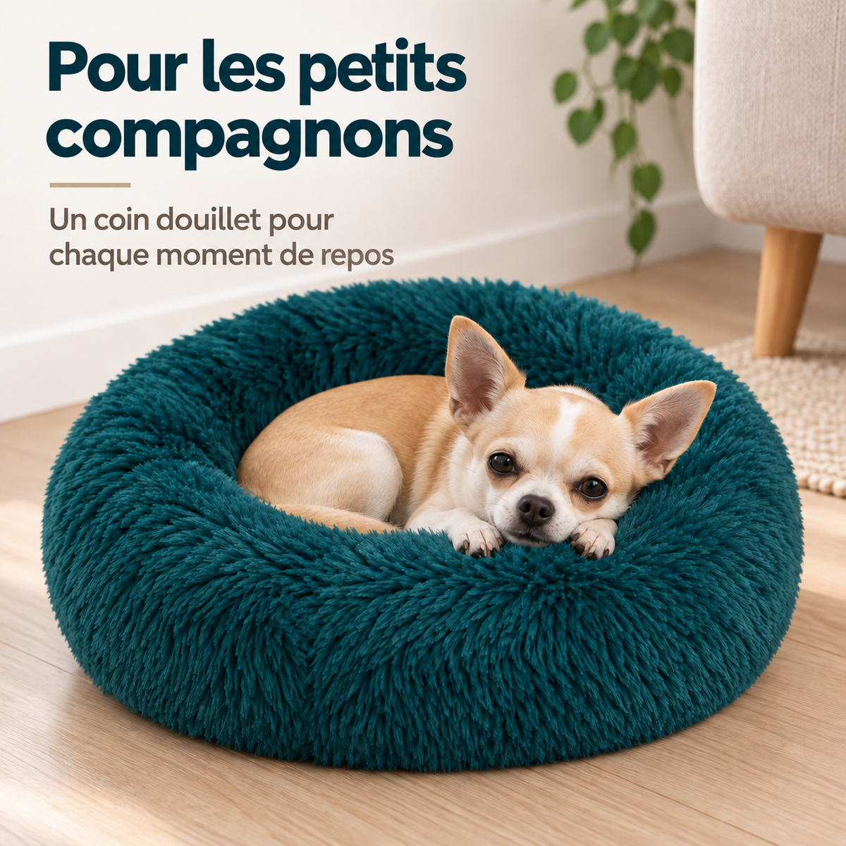 Panier pour chien donut - Panier pour chat - Peluche douce - Bord surélevé - Ø 50 cm - Bleu pétrole