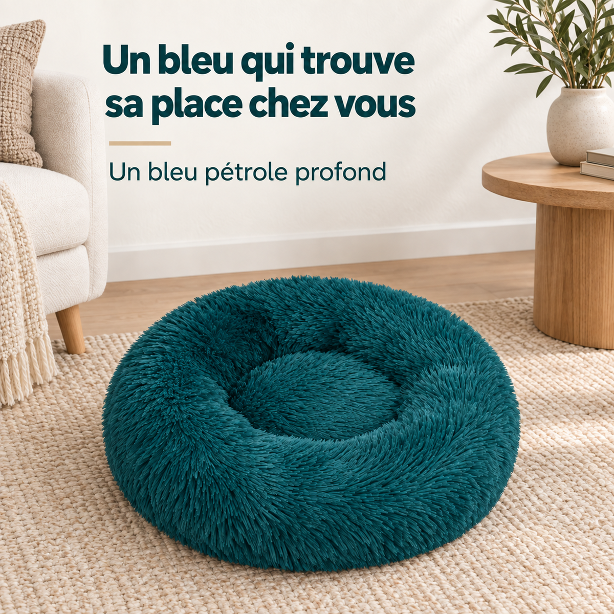 Panier pour chien donut - Panier pour chat - Peluche douce - Bord surélevé - Ø 50 cm - Bleu pétrole