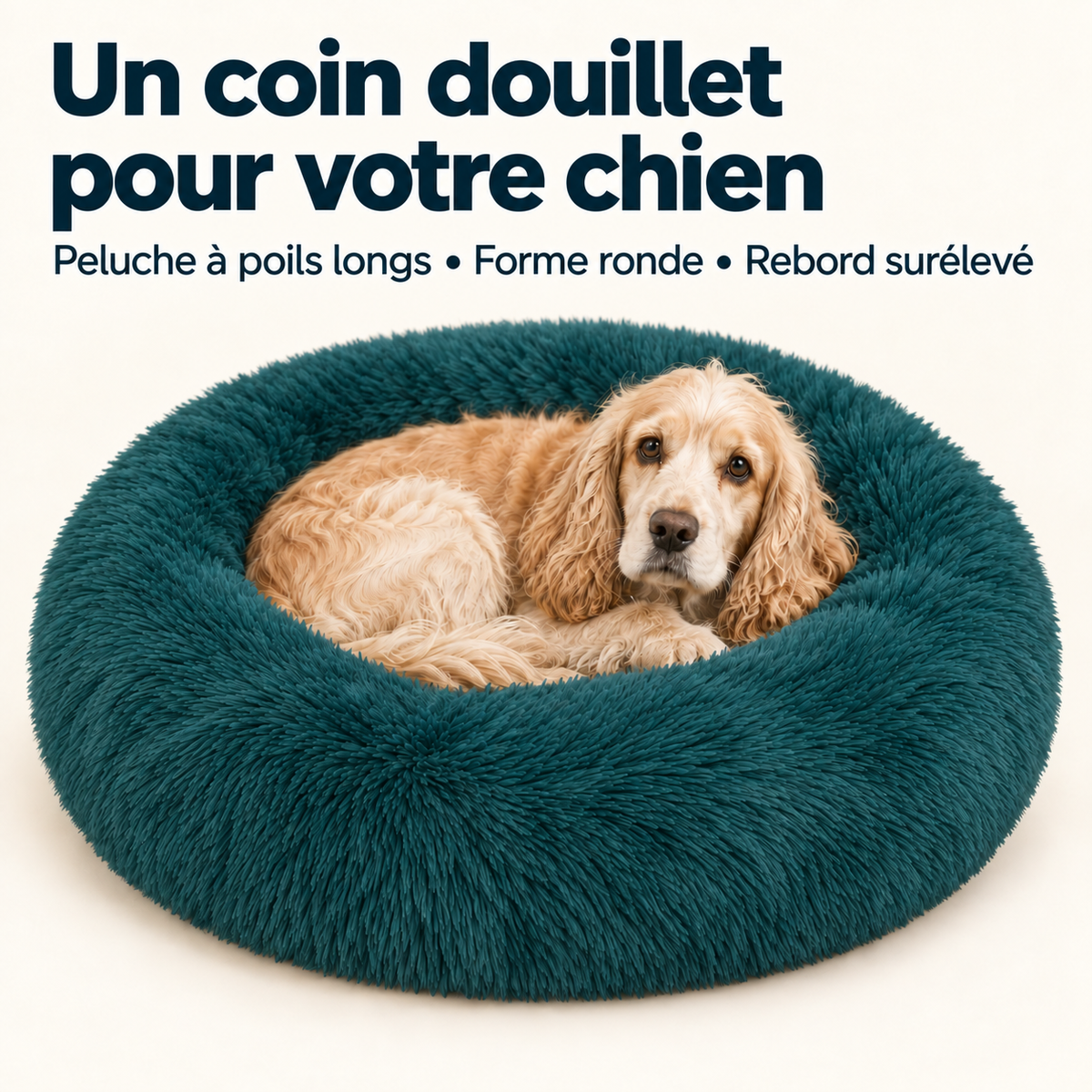 IvoQ Panier pour chien donut 100 cm - Coussin moelleux pour chien - Peluche douce - Bord surélevé - Bleu pétrole