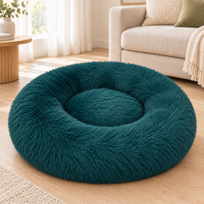 IvoQ Panier pour chien donut 100 cm - Coussin moelleux pour chien - Peluche douce - Bord surélevé - Bleu pétrole
