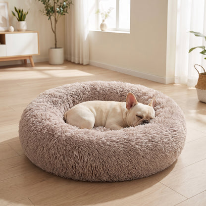IvoQ Panier pour chien rond Ø 60 cm – Lit pour chien Fluffy Donut avec bord haut et doux – Beige – Pour petits chiens et chats