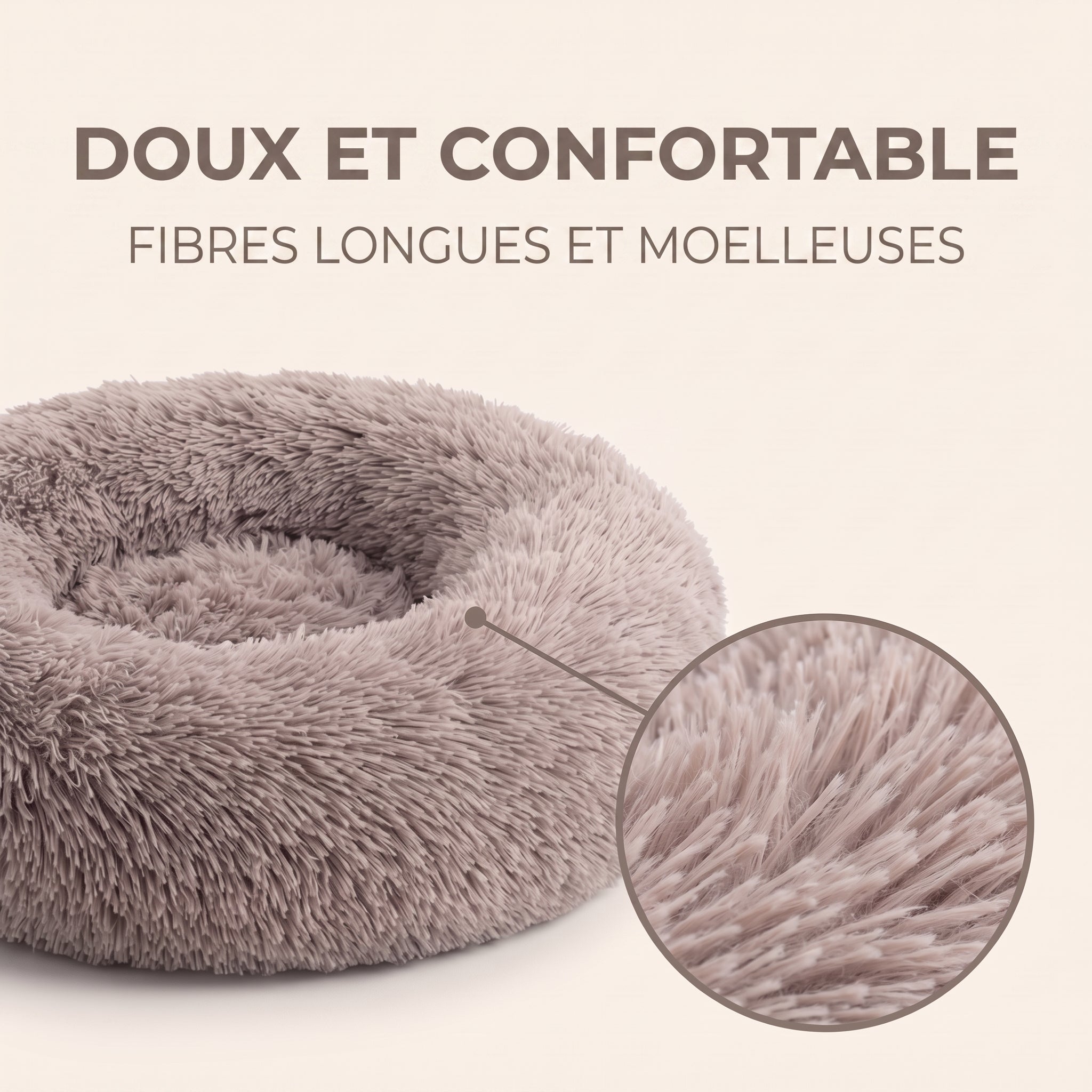 IvoQ Panier pour chien rond Ø 60 cm – Lit pour chien Fluffy Donut avec bord haut et doux – Beige – Pour petits chiens et chats