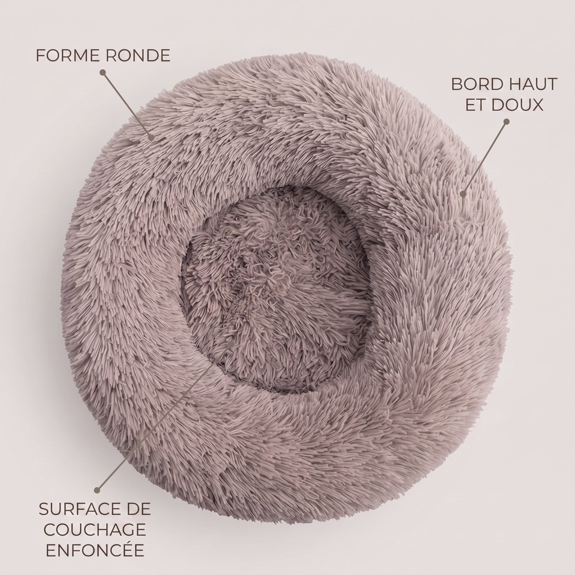 IvoQ Panier pour chien rond Ø 60 cm – Lit pour chien Fluffy Donut avec bord haut et doux – Beige – Pour petits chiens et chats