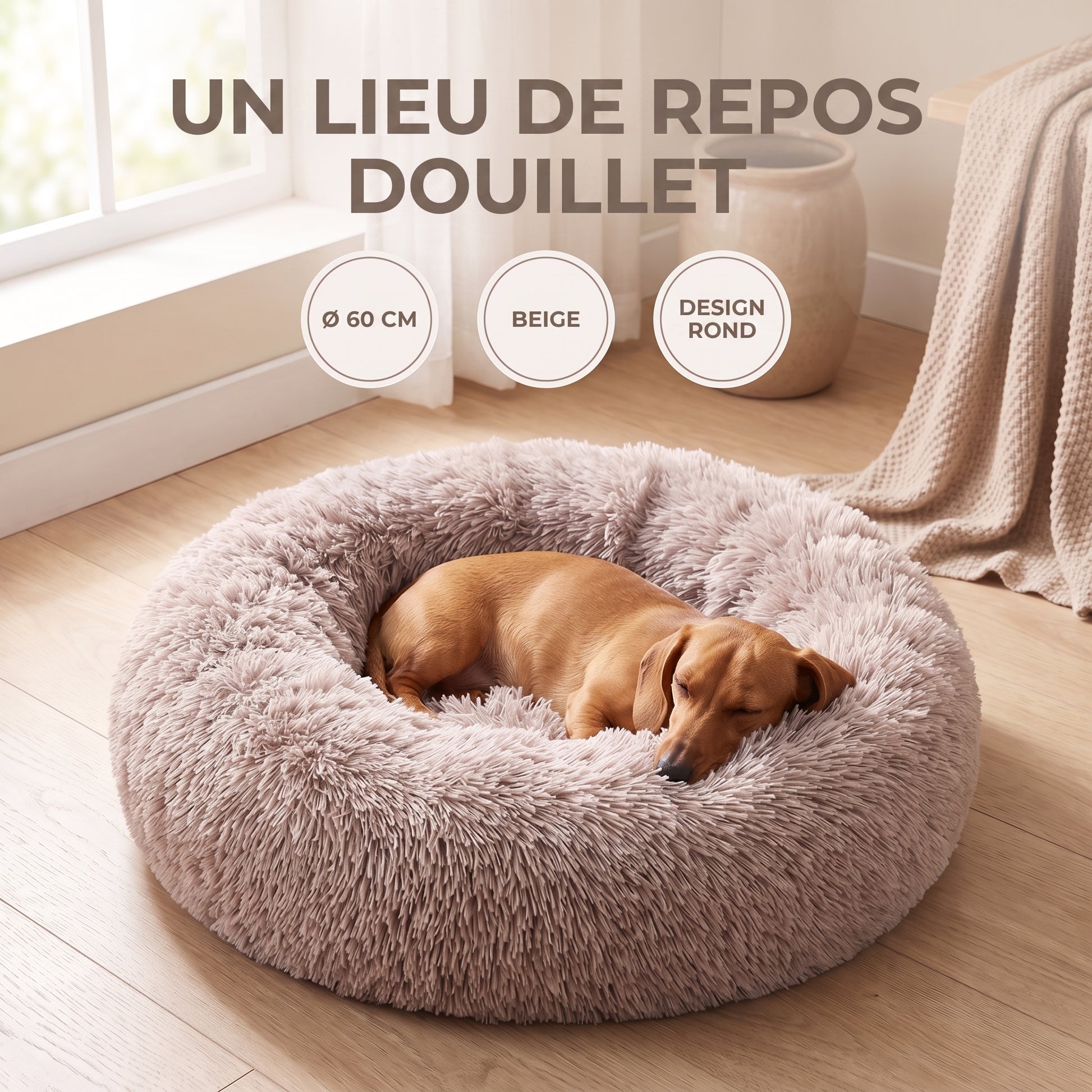 IvoQ Panier pour chien rond Ø 60 cm – Lit pour chien Fluffy Donut avec bord haut et doux – Beige – Pour petits chiens et chats