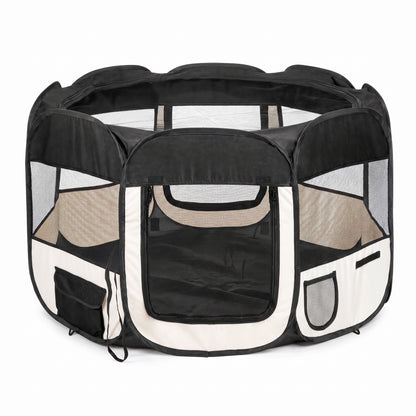 IvoQ Parc pliable pour chiot avec toit – 114 x 114 x 58 cm – Noir/Crème