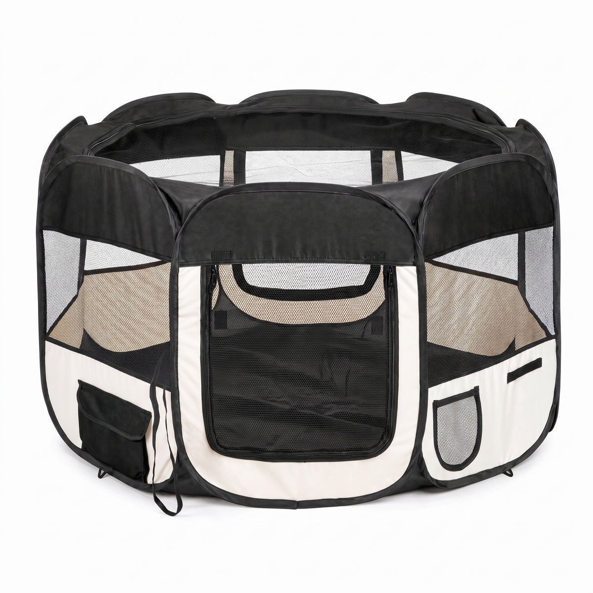 IvoQ Parc pliable pour chiot avec toit – 114 x 114 x 58 cm – Noir/Crème