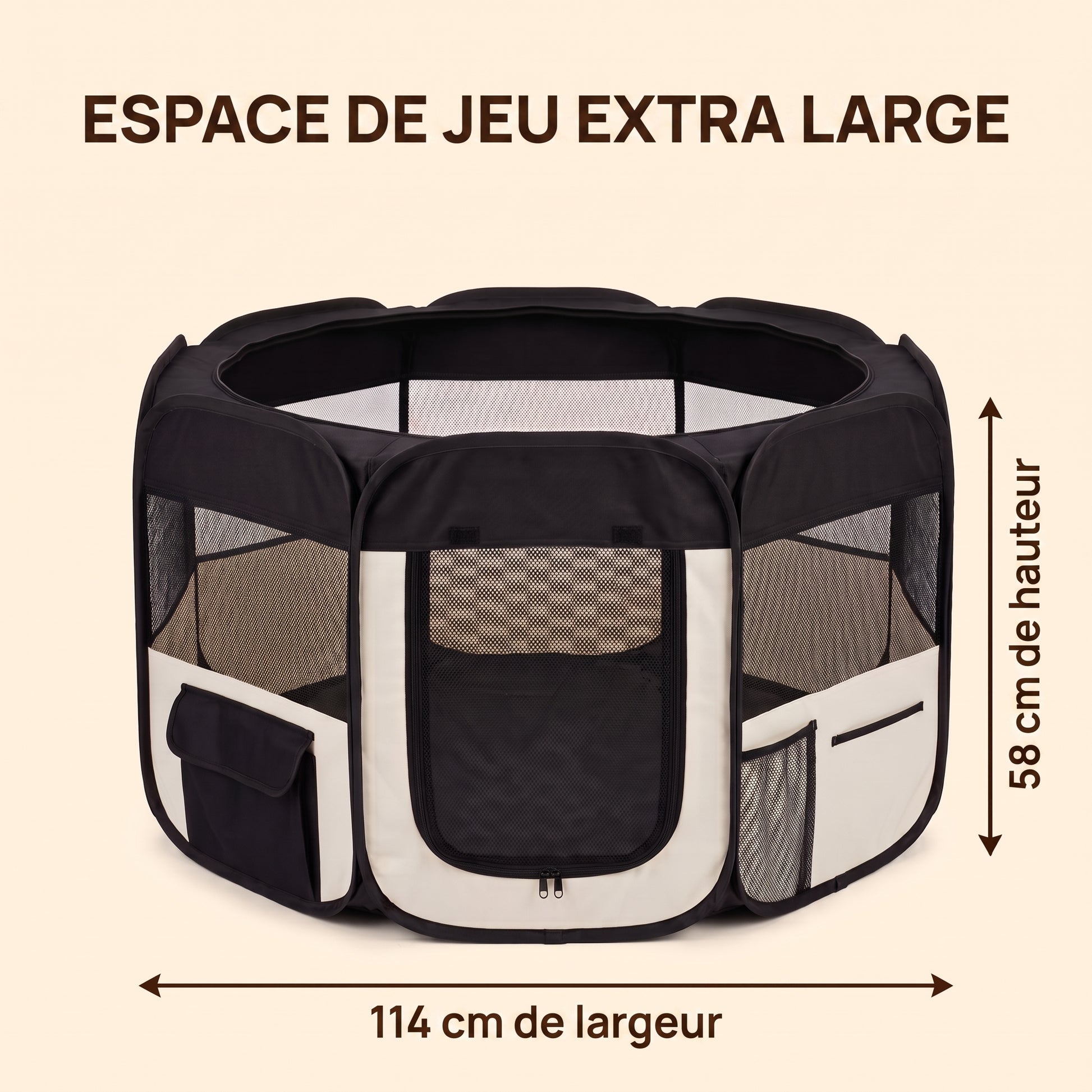 IvoQ Parc pliable pour chiot avec toit – 114 x 114 x 58 cm – Noir/Crème